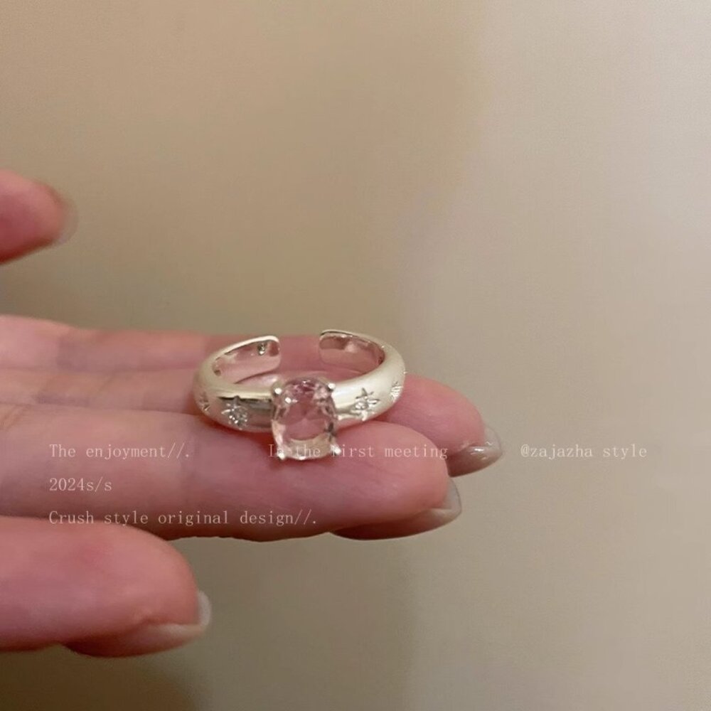 Silver Pink Crystal Open Ring Adjustable Minimalist Statement Ring Cute Jewelry